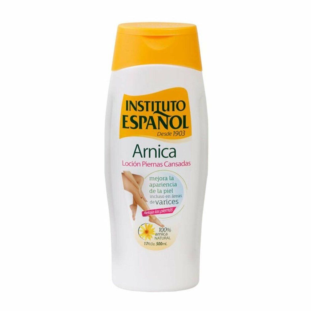 Weiße Flasche mit gelbem Deckel. Aufschrift: Instituto Español Arnica, Lotion für müde Beine. Enthält 100% natürliches Arnika.
