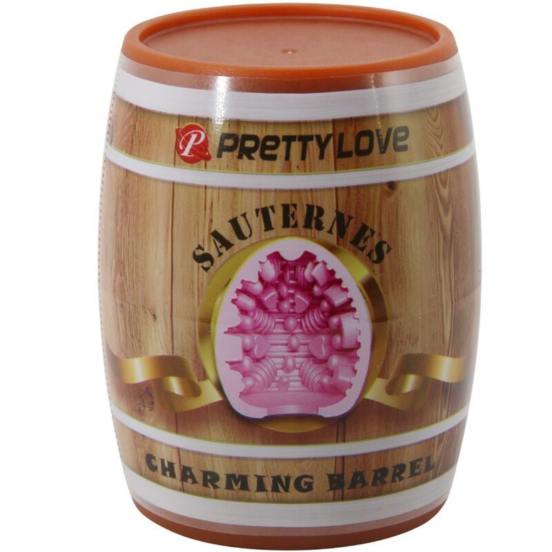 Zylinderförmige Verpackung mit Holzmaserung. Aufschrift Pretty Love, Sauternes, Charming Barrel. Rosa Innenleben sichtbar.