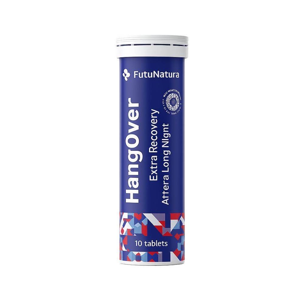 Zylinderförmige Tube mit FutuNatura HangOver Tabletten. Blaue Verpackung mit weißem Deckel. Enthält 10 Tabletten.