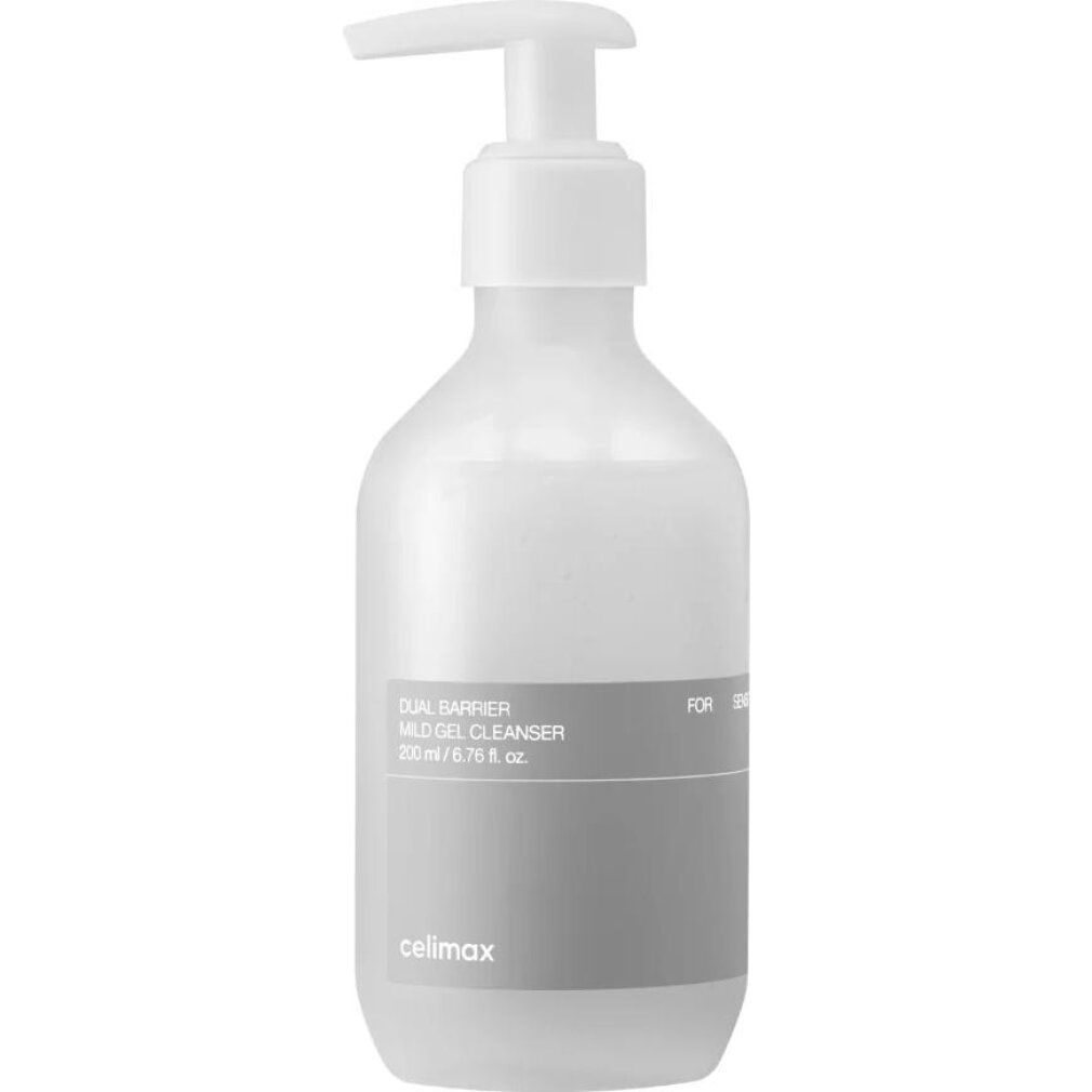 Celimax Dual Barrier Mild Gel Cleanser in weißer Pumpflasche, Vorderansicht.