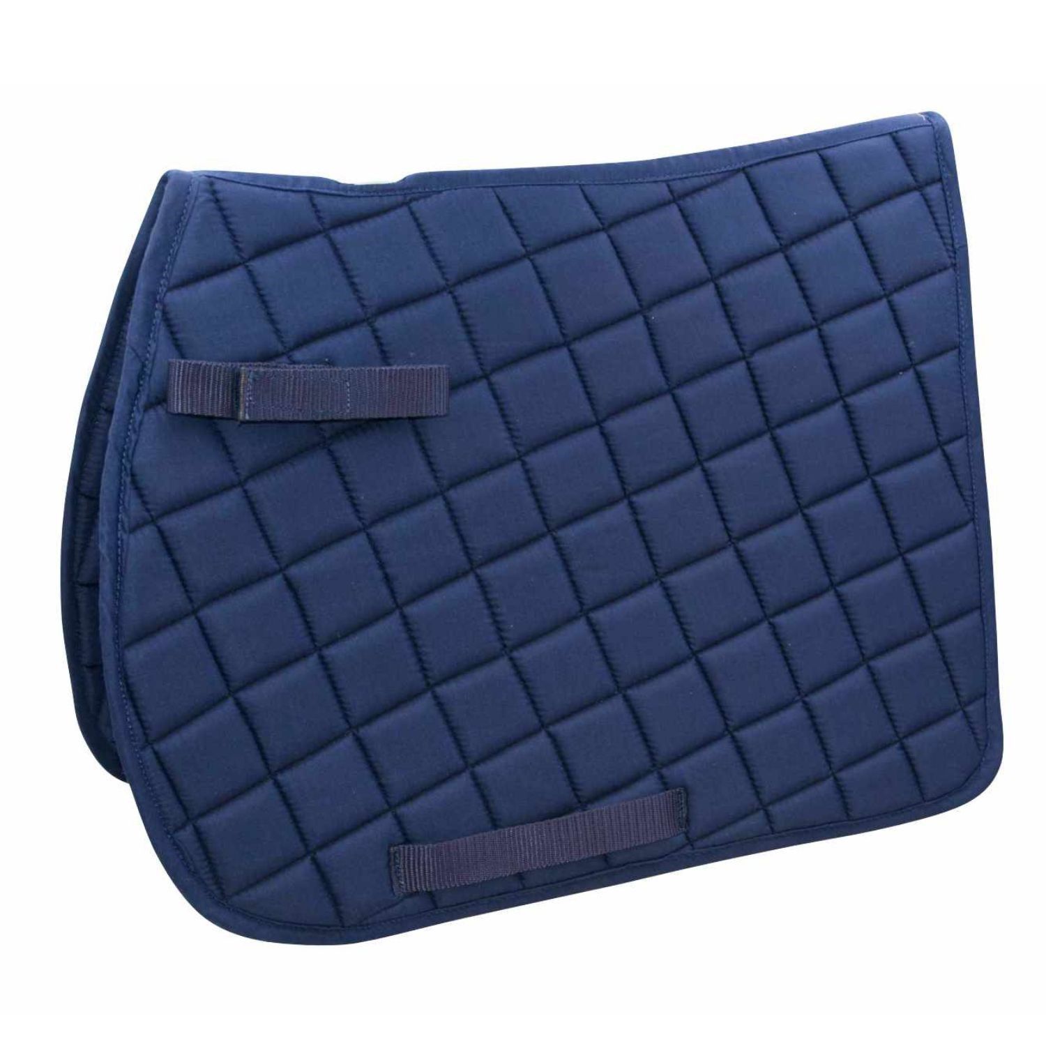 Dunkelblaue Schabracke mit Schlaufen. Quadratisches Steppmuster. Baumwolle. Rechteckige Form mit abgerundeten Ecken.