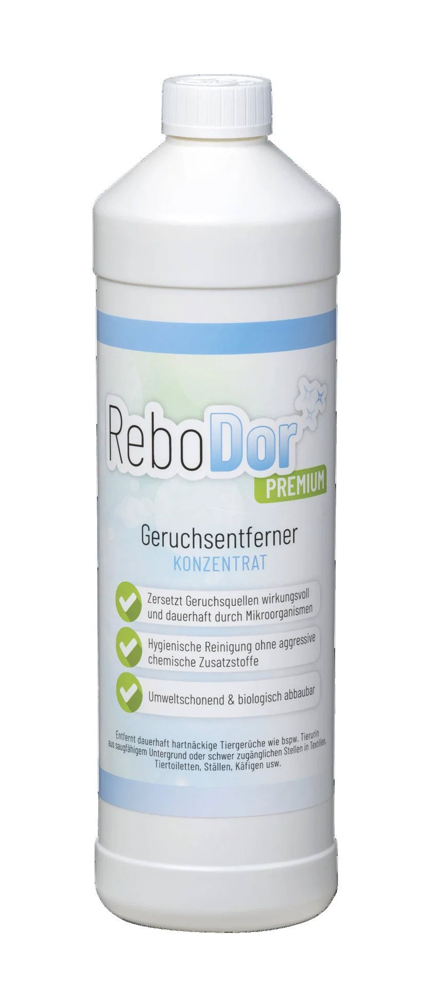 ReboDor Premium® Geruchsentferner Konzentrat in weißer Flasche mit blauem Etikett.