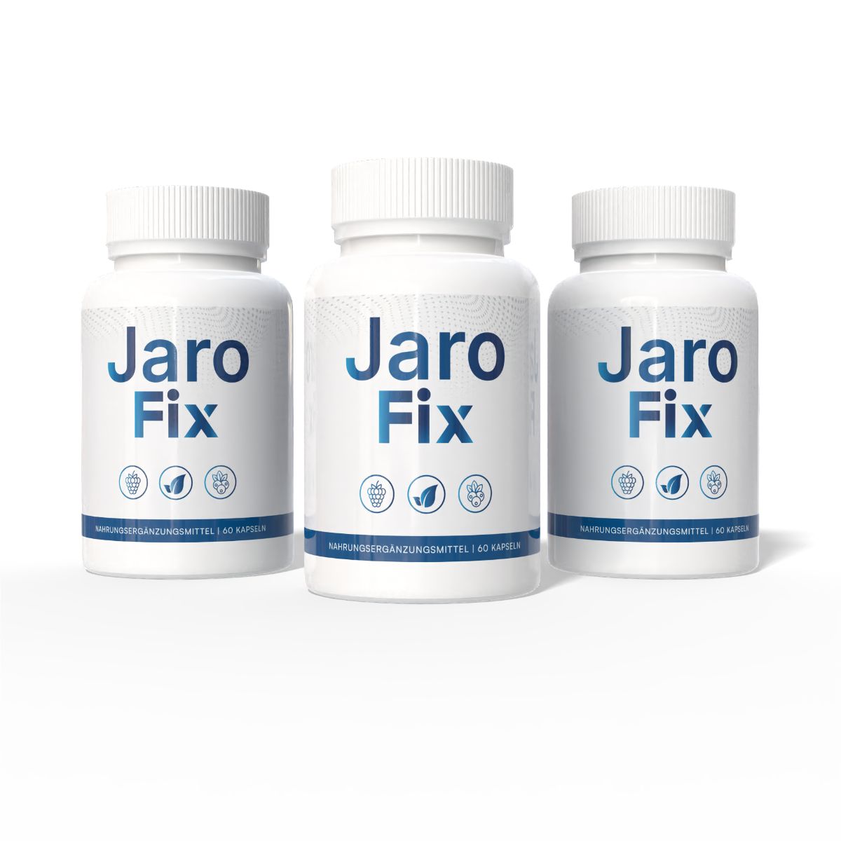 Drei weiße Flaschen Jaro Fix Nahrungsergänzungsmittel mit blauen Etiketten, die jeweils 60 Kapseln enthalten.