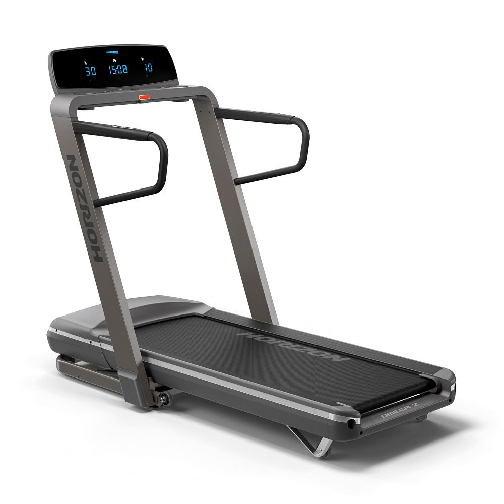 Graues Laufband mit Display und Haltegriffen. Marke Horizon. Schwarze Lauffläche. Seitliche Ansicht.
