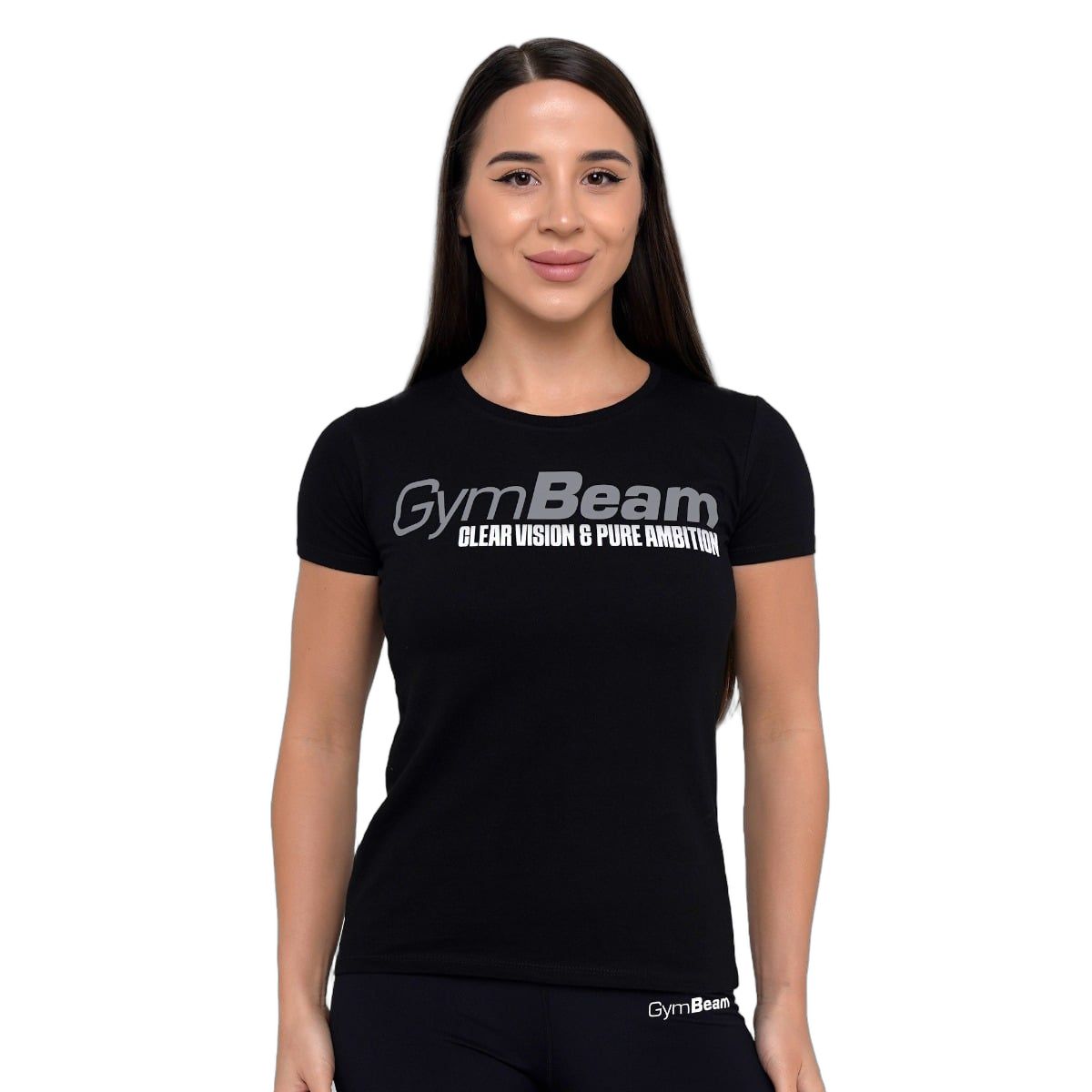 Frontansicht eines schwarzen T-Shirts mit GymBeam-Logo und Schriftzug.