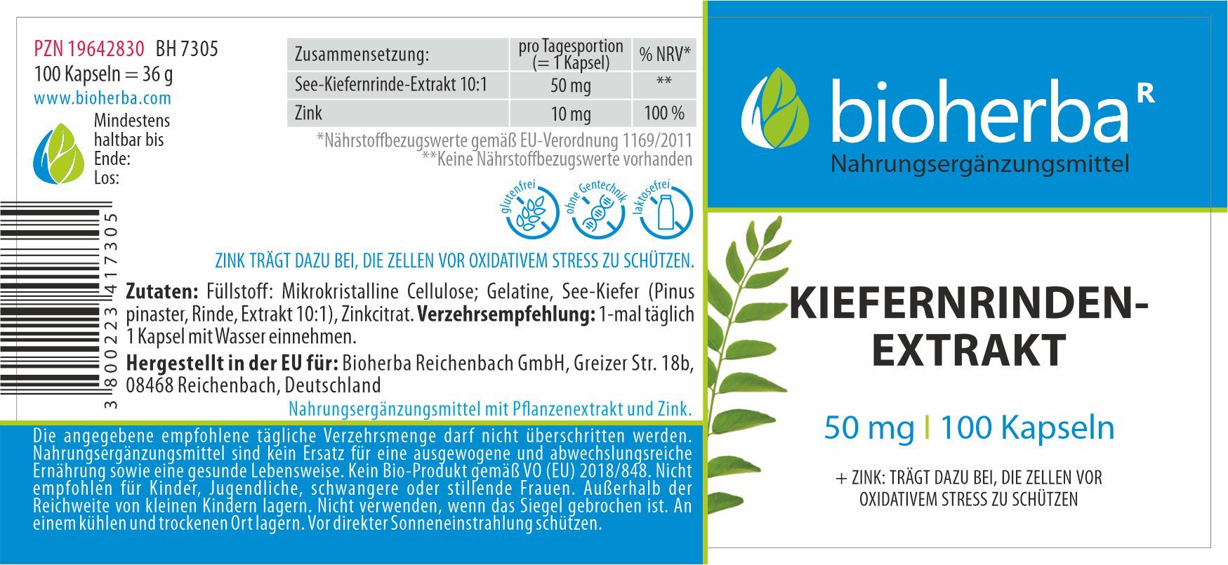 Etikett mit Produktinformationen. Enthält Text: Kiefernrindenextrakt, 50 mg, 100 Kapseln. Logo und Informationen zur Zusammensetzung.