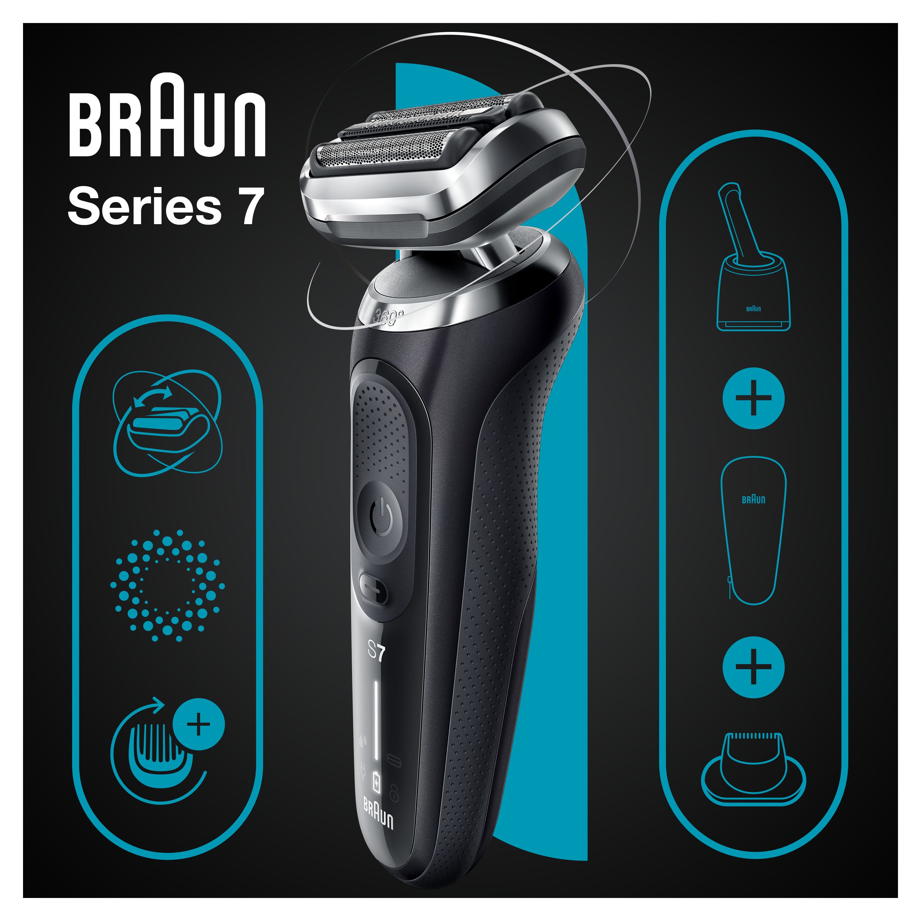 Schwarzer Rasierer Braun Series 7. Produktmerkmale: 360 Flex, SmartCare Center, Präzisionstrimmer. Blaue Icons.