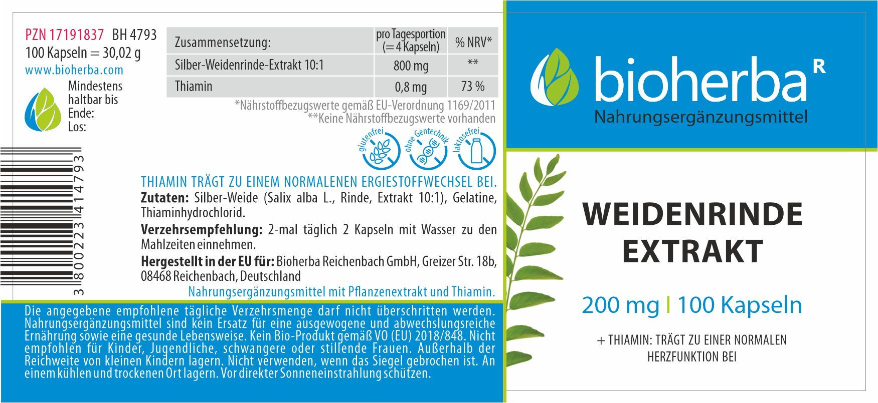 Etikett mit Produktinformationen. Enthält Angaben zu Inhaltsstoffen, Dosierung und Hersteller. "Bioherba Weidenrinde Extrakt" und Logo sichtbar.