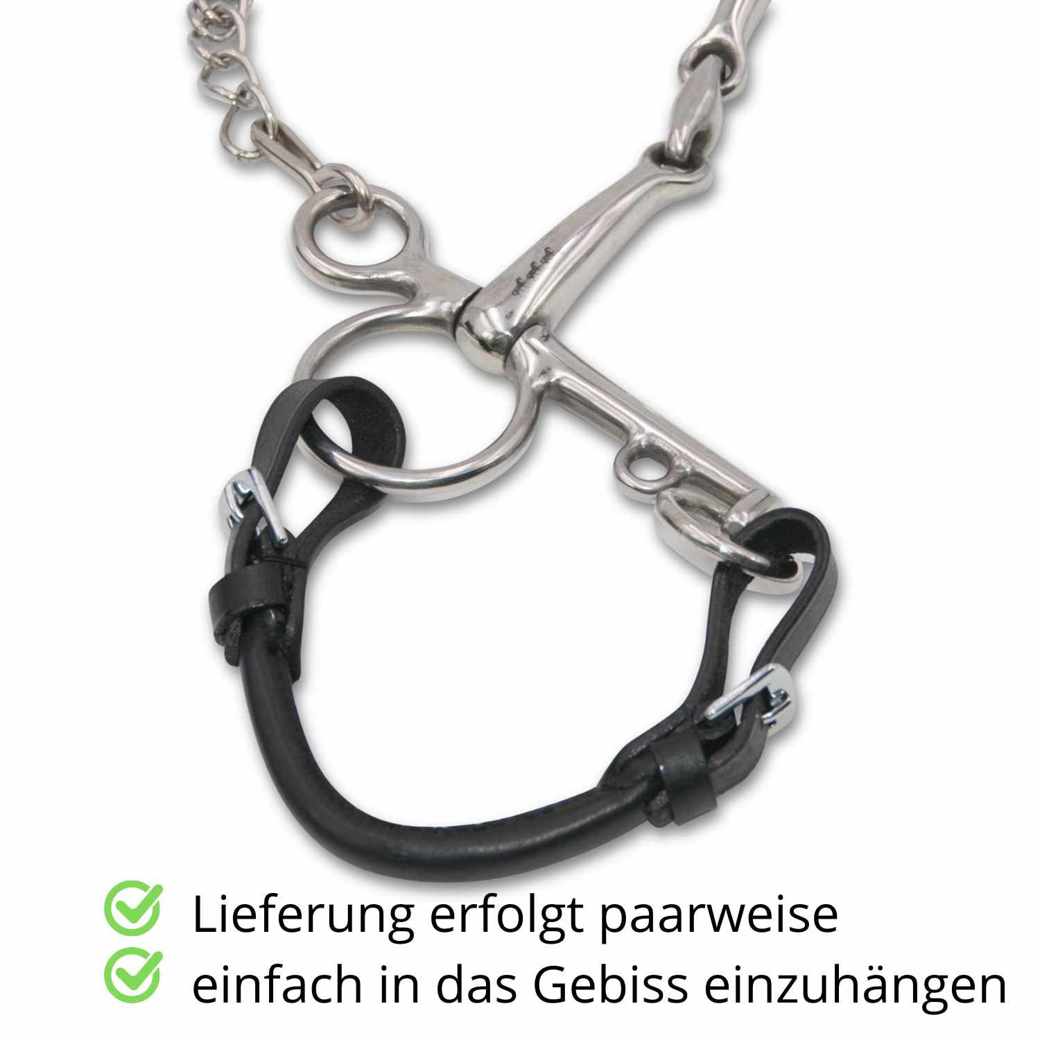 Gebiss mit einem schwarzen Lederriemen. Text: Lieferung paarweise, einfach in das Gebiss einzuhängen.