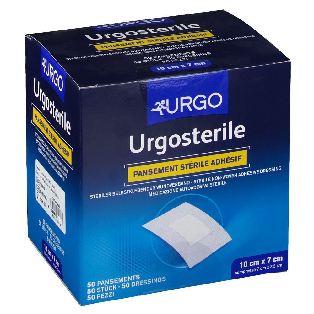 Urgosterile-Verpackung. Enthält 50 sterile Wundverbände, 10 x 7 cm. Blaue Schachtel mit Produktnamen und Logo.
