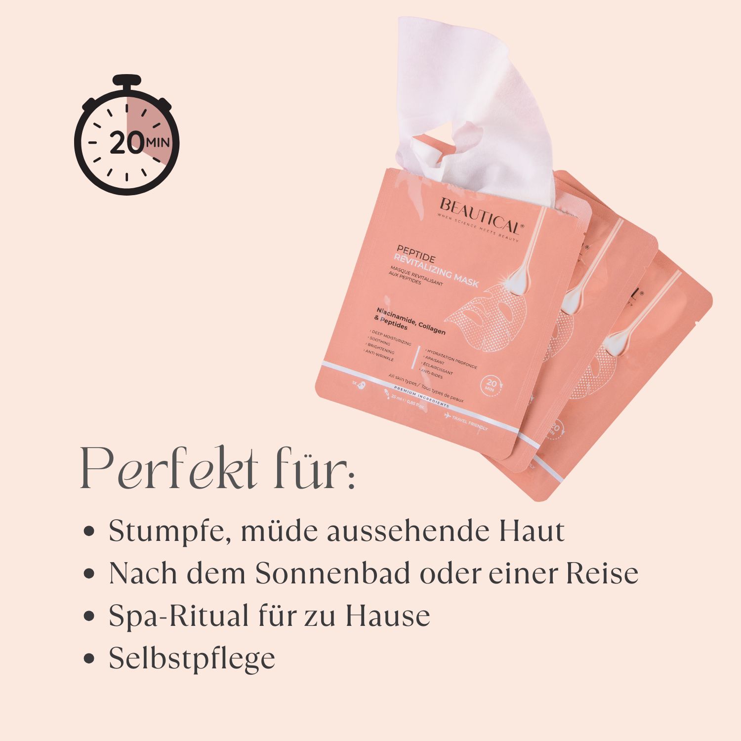 Beautical Peptid Revitalisierende Maske. Text. Rosa Hintergrund. 20 Minuten.