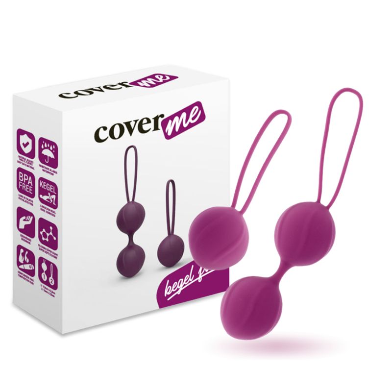 Produktverpackung mit zwei lilafarbenen Kugeln. Auf der Verpackung steht "cover me" und "Kegel fit".