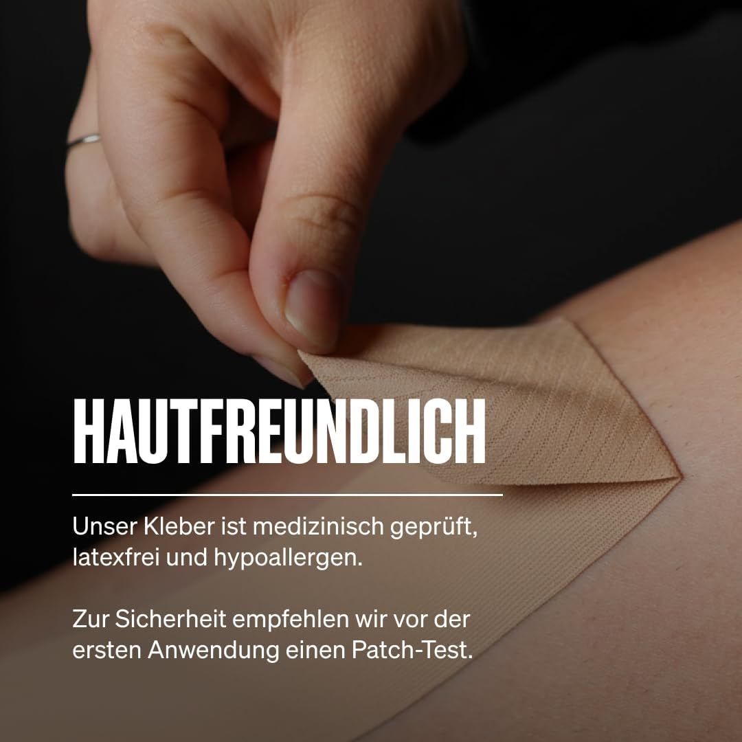 Hautfreundliches Kinesio-Tape, medizinisch geprüft, latexfrei und hypoallergen.