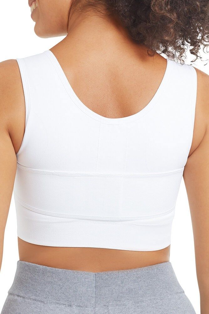 Weißes, ärmelloses Oberteil mit U-Ausschnitt. Rückansicht. Unterbrustband.