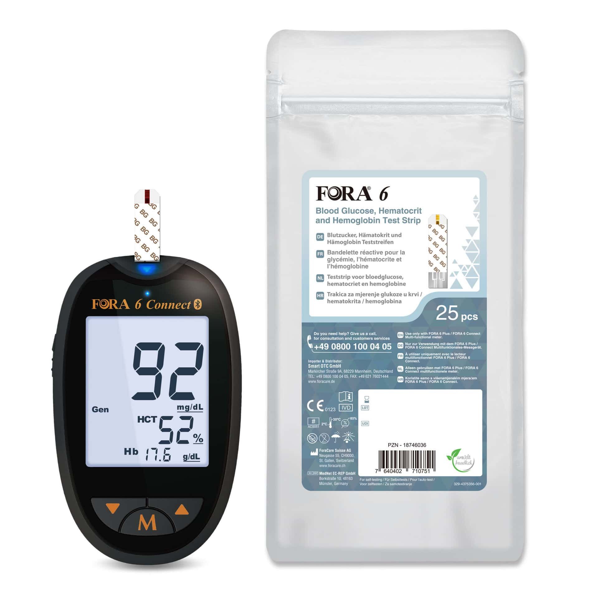 FORA 6 Connect Blutzuckermessgerät mit Teststreifenpackung.