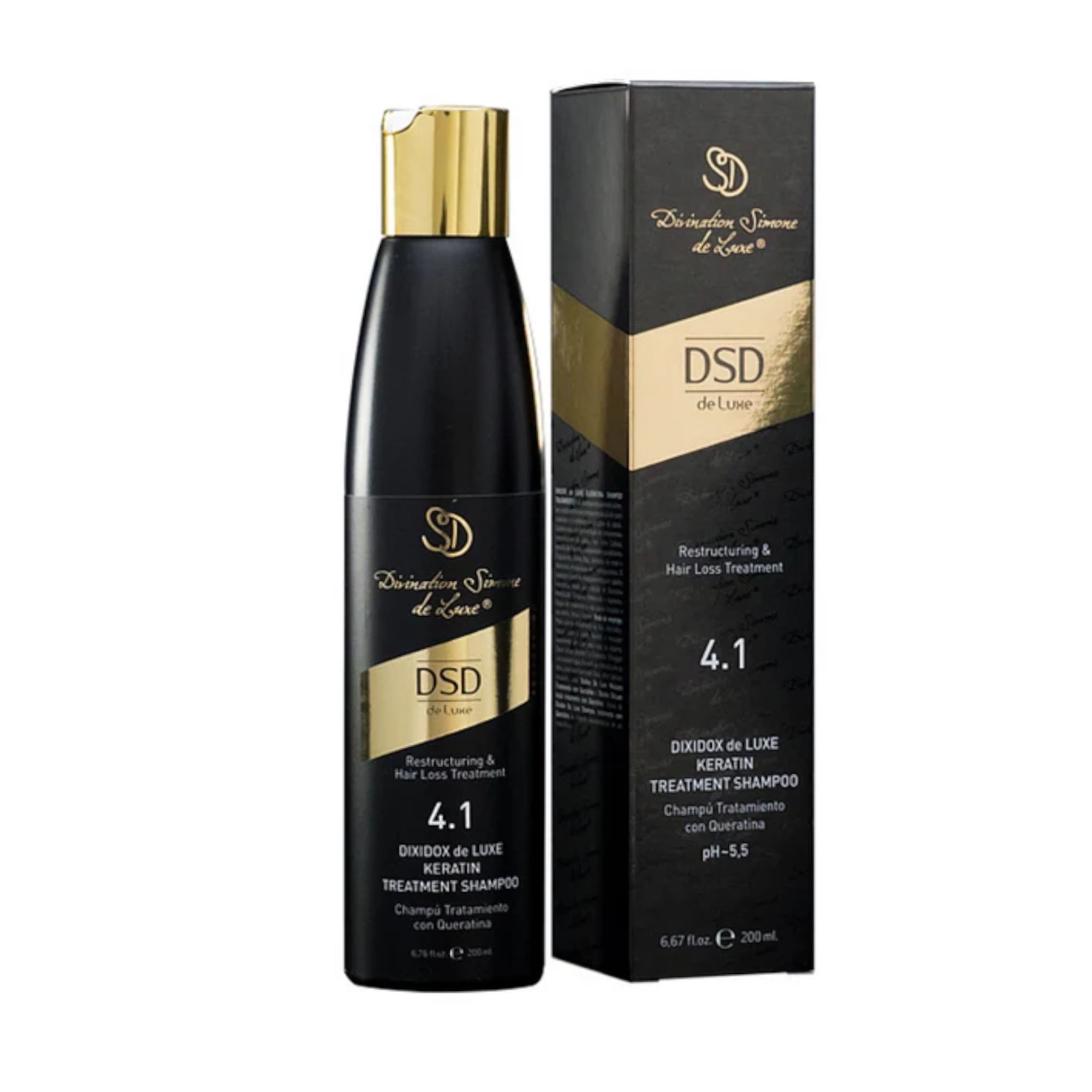 Schwarze Flasche mit goldfarbenem Deckel und Etikett. Aufschrift: DSD de Luxe 4.1 Keratin Treatment Shampoo.