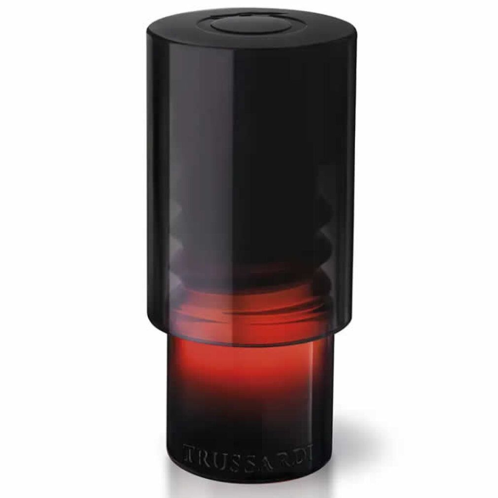Zylindrische Flasche mit schwarzem Deckel. Roter Farbverlauf. Unten steht "TRUSSARDI".