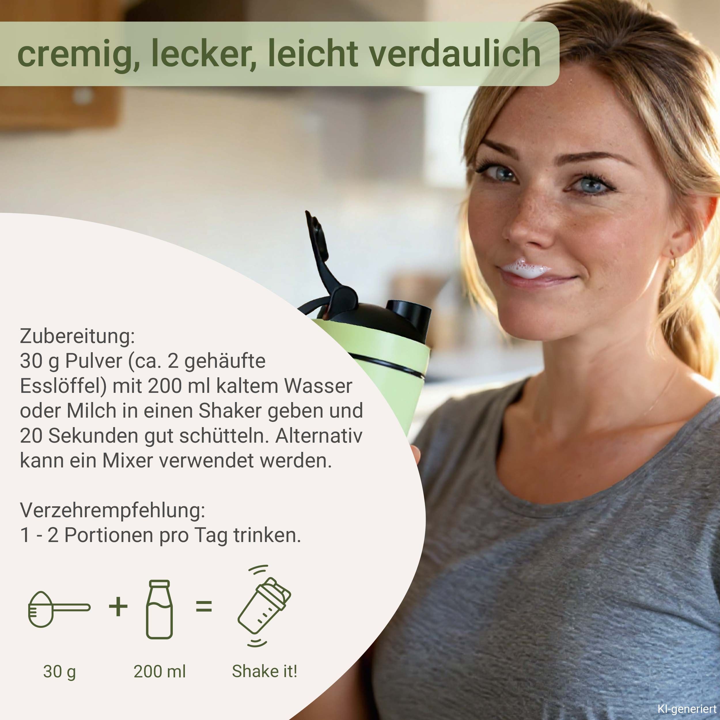 Frau mit cremiger Milch im Gesicht neben einem grünen Shaker und Zubereitungshinweisen.