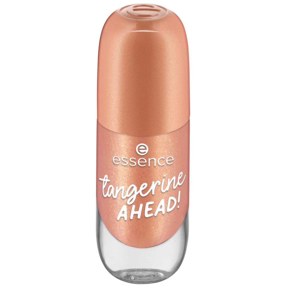 Nagellackflasche, orangefarben mit Glitzer. Auf der Flasche steht "essence" und "tangerine AHEAD!".