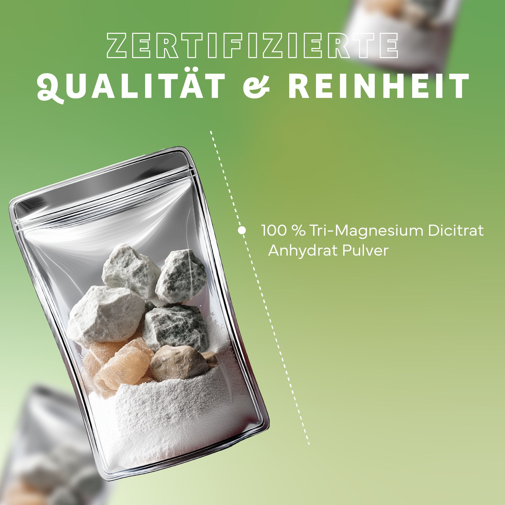 Transparente Verpackung mit Pulver und Steinen. Text: Zertifizierte Qualität & Reinheit. 100 % Tri-Magnesium Dicitrat Anhydrat Pulver.