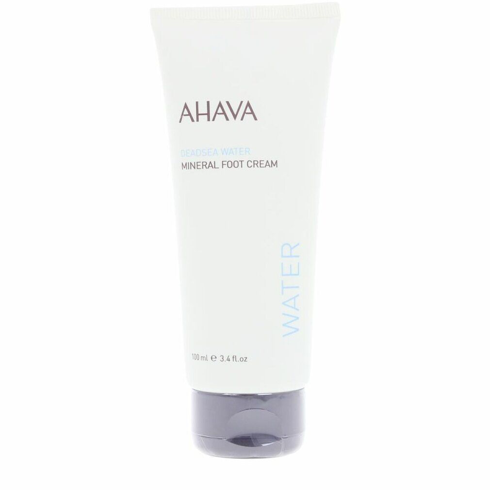 AHAVA Mineral Fußcreme Tube. Weiß, mit dunklem Verschluss. Produktname und Marke deutlich sichtbar. Text: WATER.