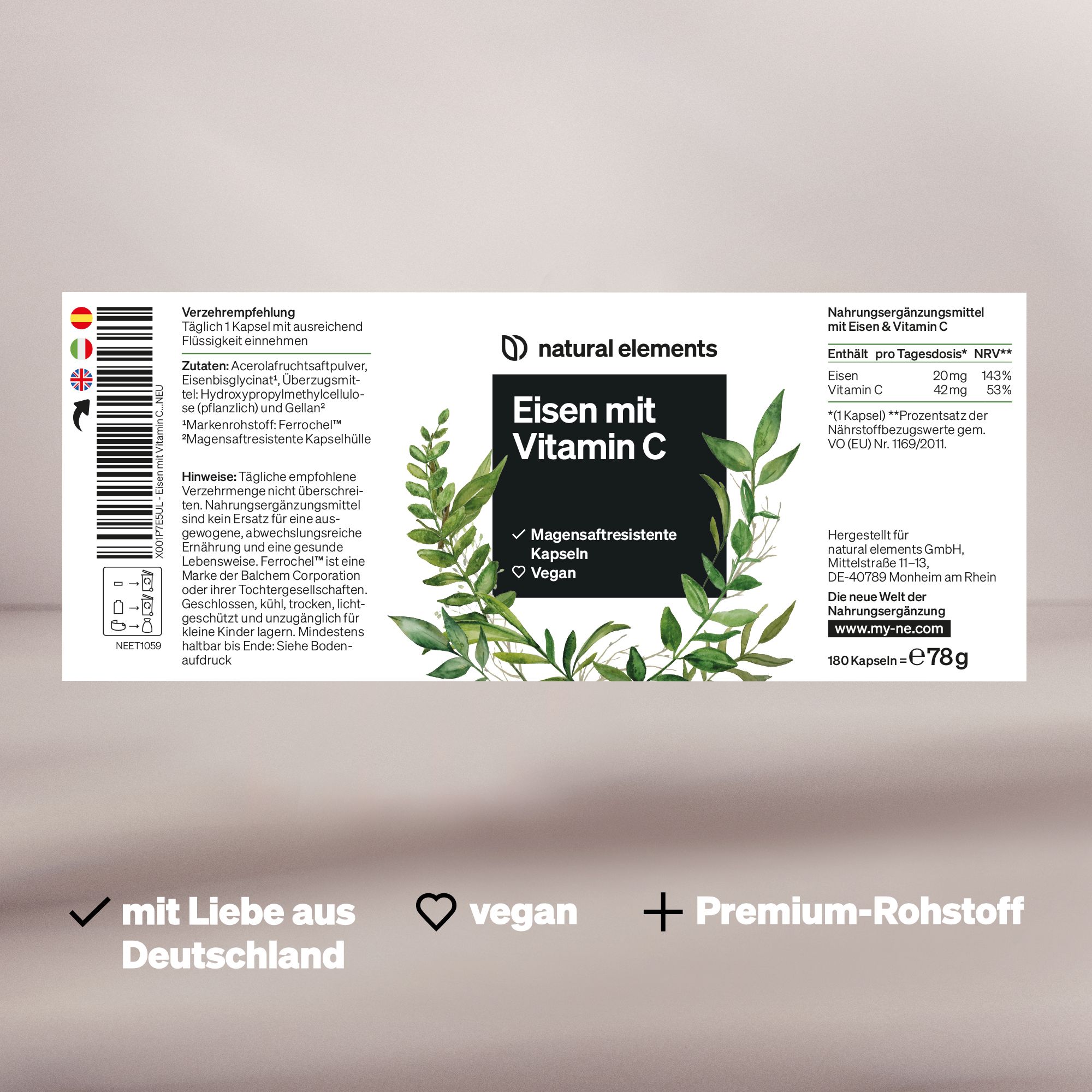 Produktetikett mit Informationen. Aufschrift: Eisen mit Vitamin C. 180 Kapseln. Vegan-Siegel. Nährwertangaben.