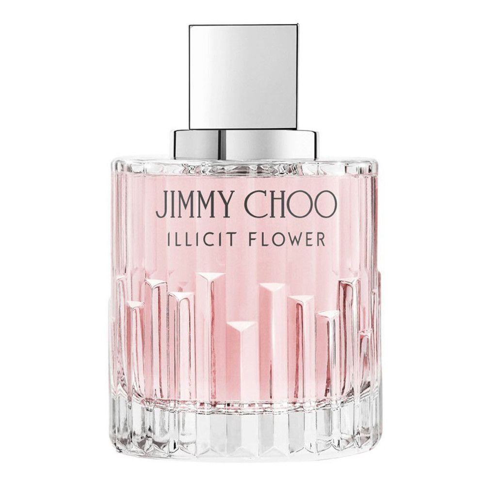 Glasflakon mit rosa Flüssigkeit und silbernem Verschluss. Aufschrift: JIMMY CHOO ILLICIT FLOWER.