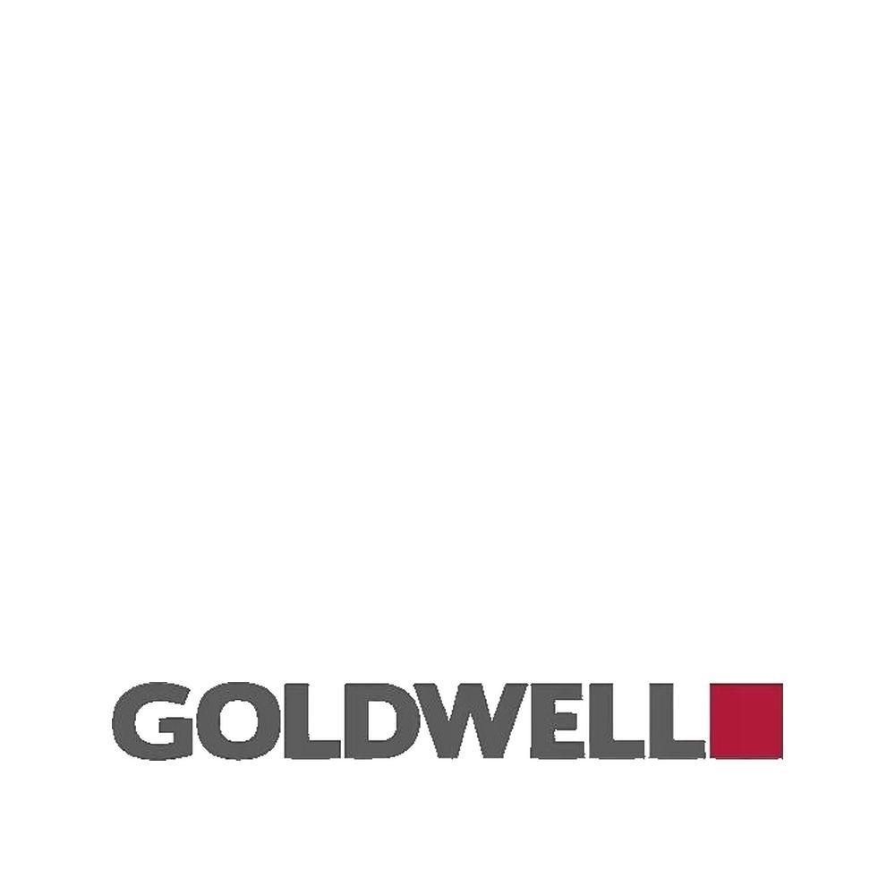 Goldwell Logo. Grauer Schriftzug mit rotem Quadrat.
