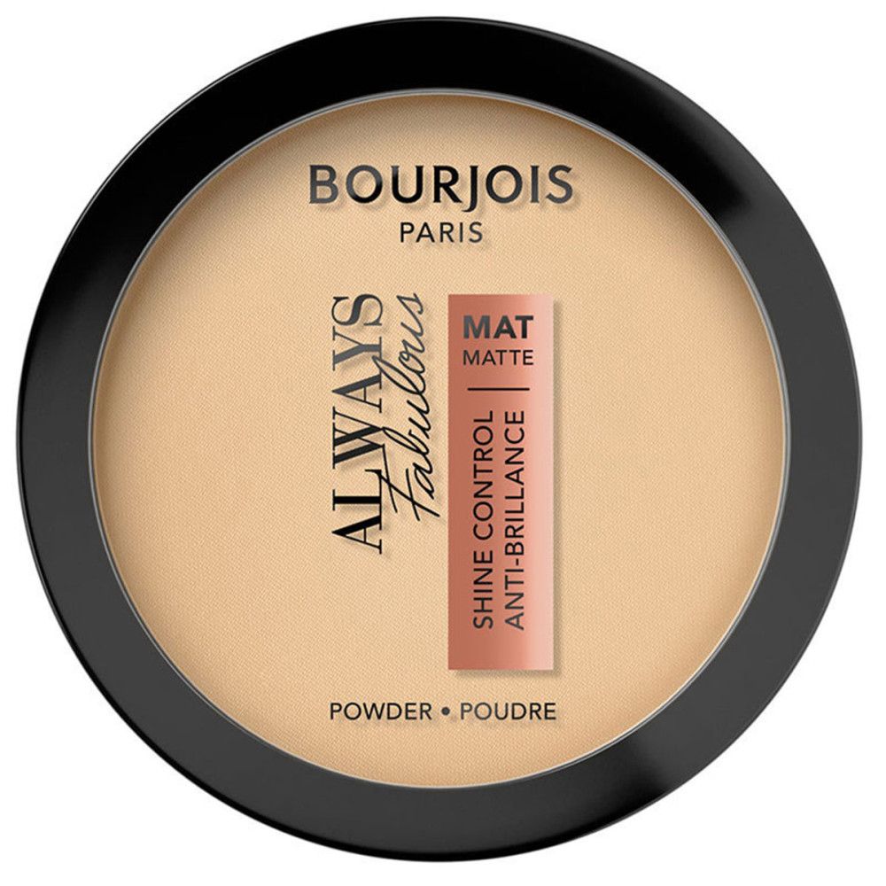 Runder, schwarzer Behälter mit beigefarbenem Puder. Aufschrift: Bourjois Paris, Always Fabulous, Mat Matte.