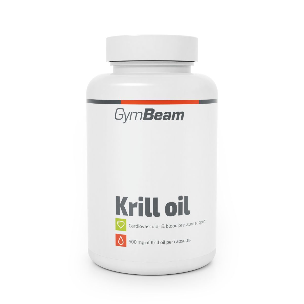 GymBeam Krillöl Kapseln: Weißer Behälter mit Etikett, das Krillöl, EPA und DHA erwähnt.