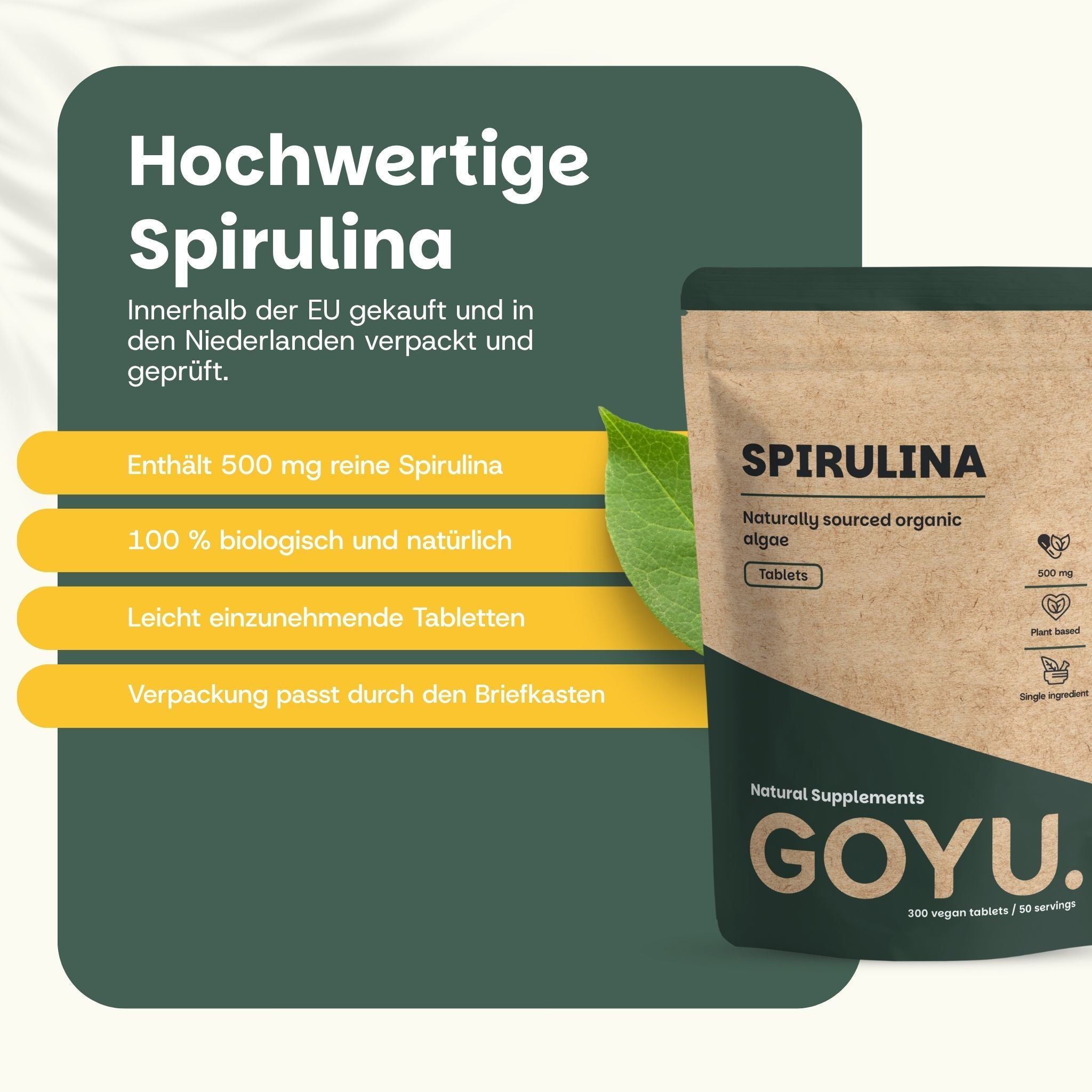 Braune Papiertüte mit GOYU Spirulina Tabletten. Enthält 500 mg reine Spirulina, biologisch und natürlich.