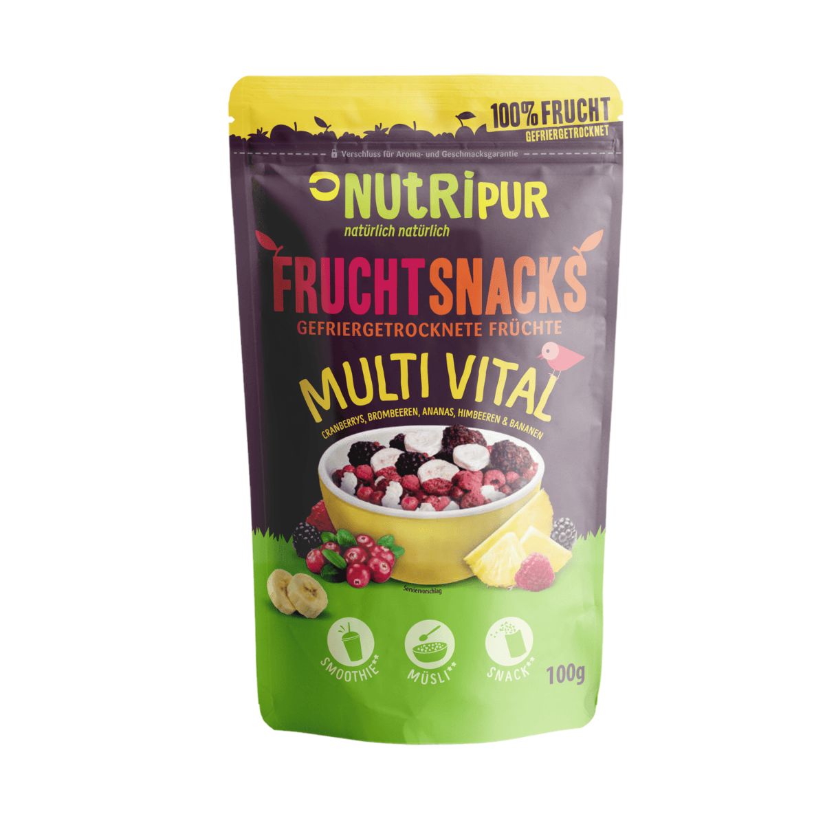 Beutel mit gefriergetrockneten Früchten. Aufschrift: NutriPur, Frucht Snacks, Multi Vital. Abbildung von Früchten in einer Schüssel.