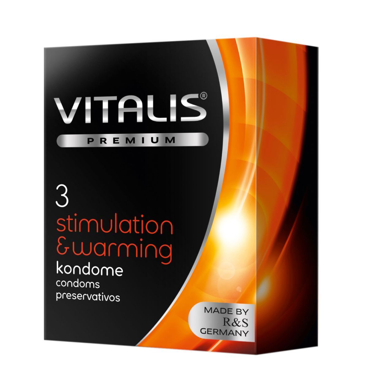 Schwarze Verpackung mit "VITALIS PREMIUM". Enthält 3 Kondome. Text: "stimulation & warming". Aufschrift: "MADE BY R&S GERMANY".
