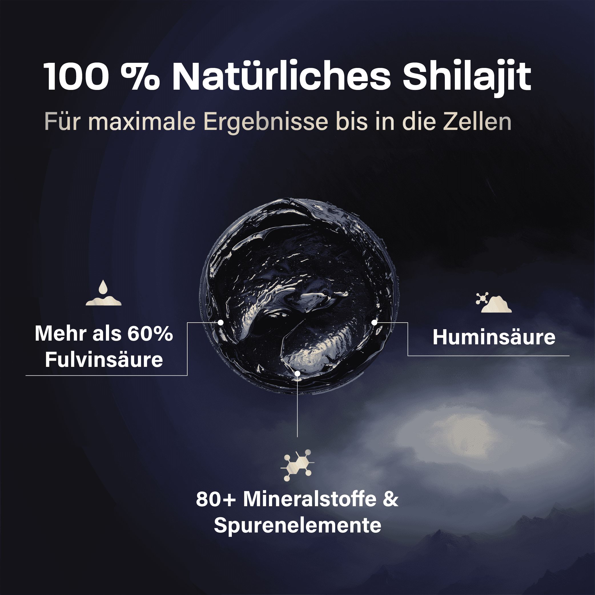 Schwarze, klebrige Substanz mit Text "100 % Natürliches Shilajit". Enthält Fulvinsäure, Huminsäure und Mineralstoffe.