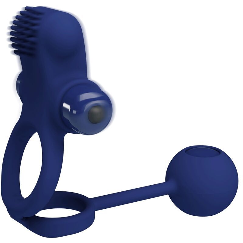 Blauer Vibrationsring mit Ring, Kugel und erhabenen Elementen. Die Kugel hat eine Öffnung. Das Produkt ist aus Silikon.