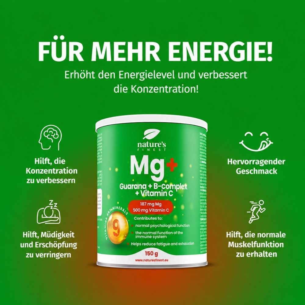 Dose mit Magnesium, Guarana, B-Komplex, Vitamin C. Icons zeigen Vorteile: Energie, Konzentration, Schlaf.