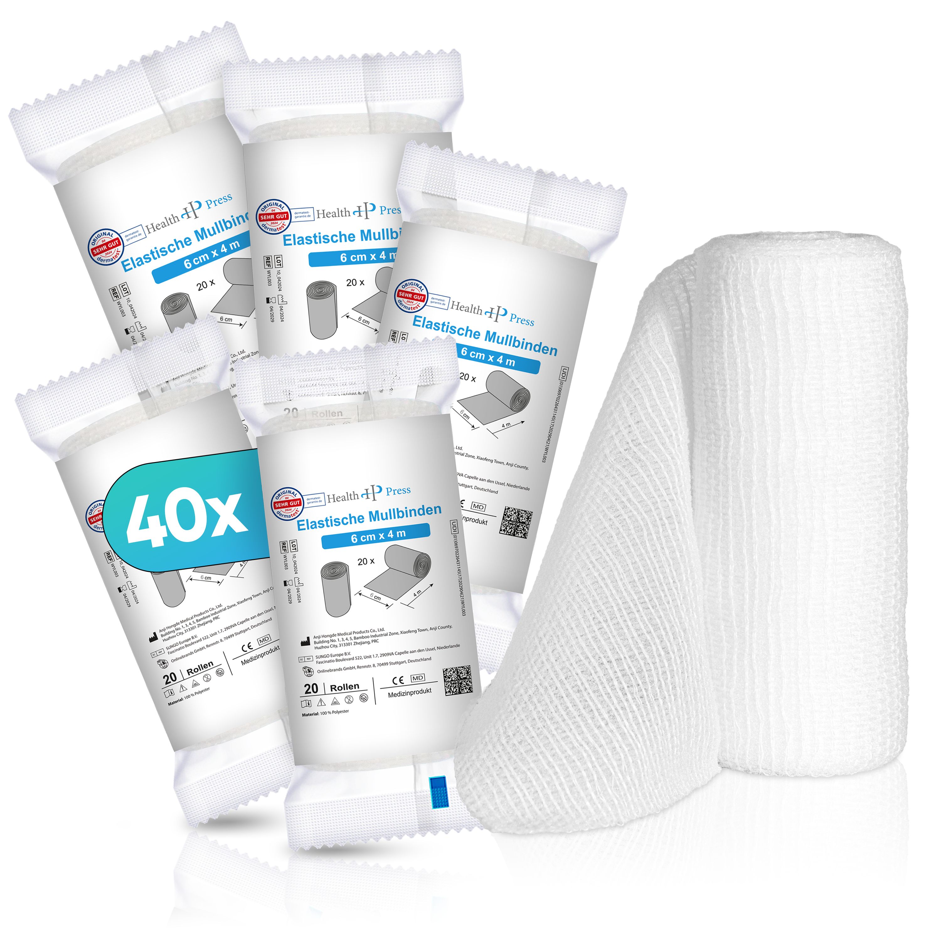 Mehrere einzeln verpackte elastische Mullbinden, eine lose Rolle.