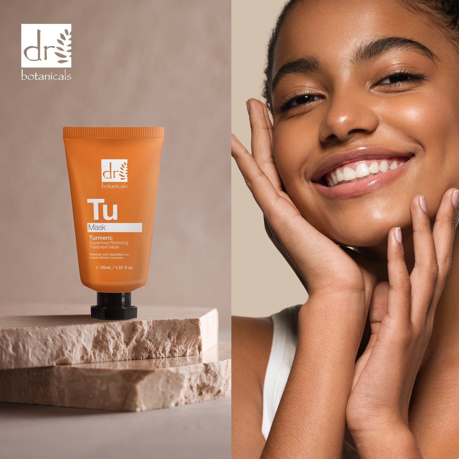 Orange Tube auf Stein. Frau mit Haut. Marke: Dr Botanicals. Hintergrund: Beige.
