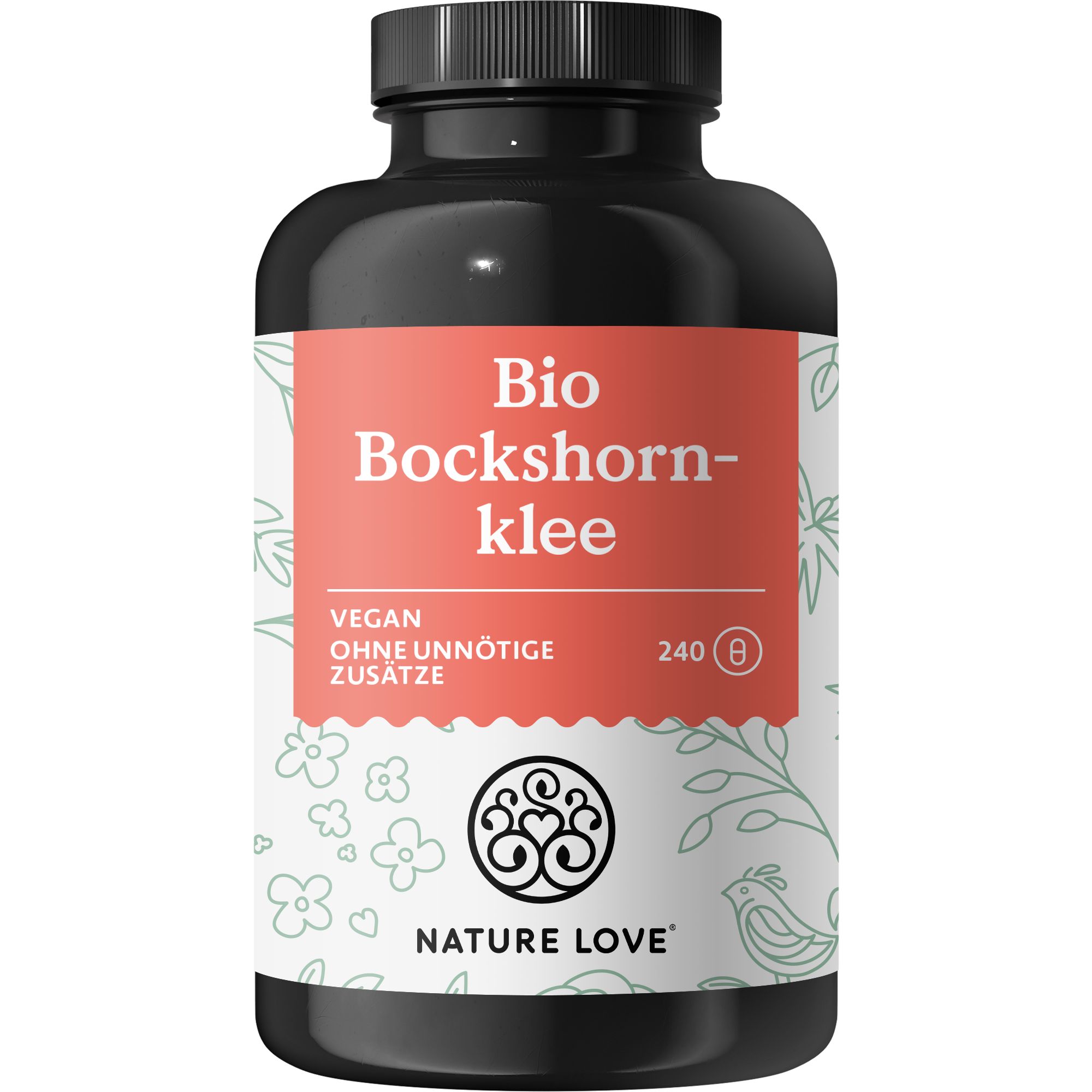 Braune Kapsel-Dose mit rotem Etikett. Text: Bio Bockshornklee, vegan, ohne unnötige Zusätze. Aufdruck: 240 Kapseln. Logo: Nature Love.
