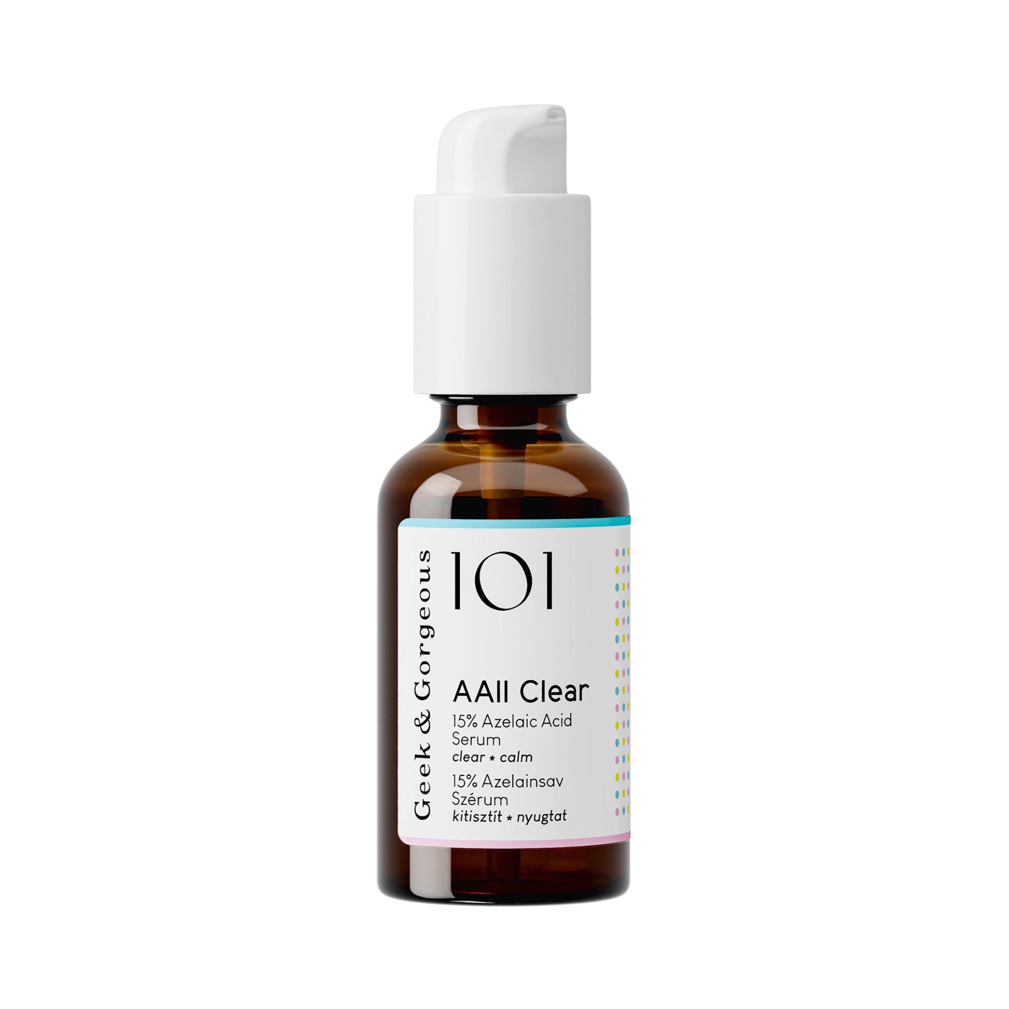 Braune Glasflasche mit weißem Pumpspender. Etikett zeigt '101 AAll Clear 15% Azelaic Acid Serum'.