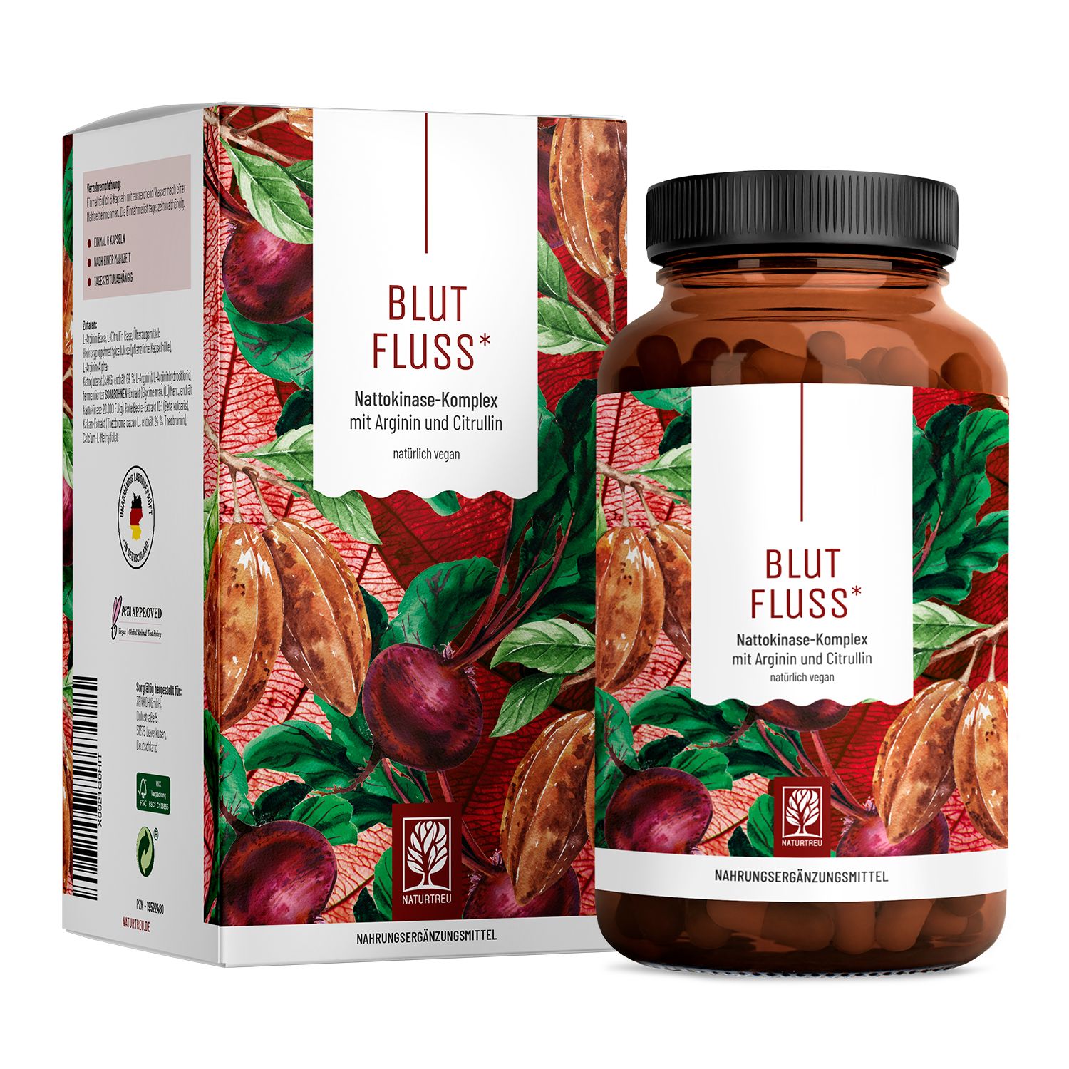 Braune Flasche und Karton mit Produktaufdruck BLUTFLUSS*. Aufschrift: Nattokinase-Komplex mit Arginin und Citrullin. NATURTREU® Logo.