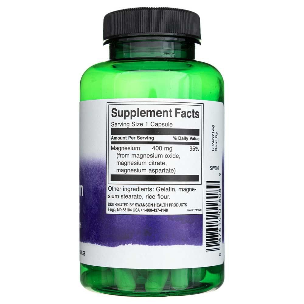 Rückseite einer Flasche Swanson Dreifach-Magnesium-Komplex 400 mg mit Nährwertangaben und Inhaltsstoffen.