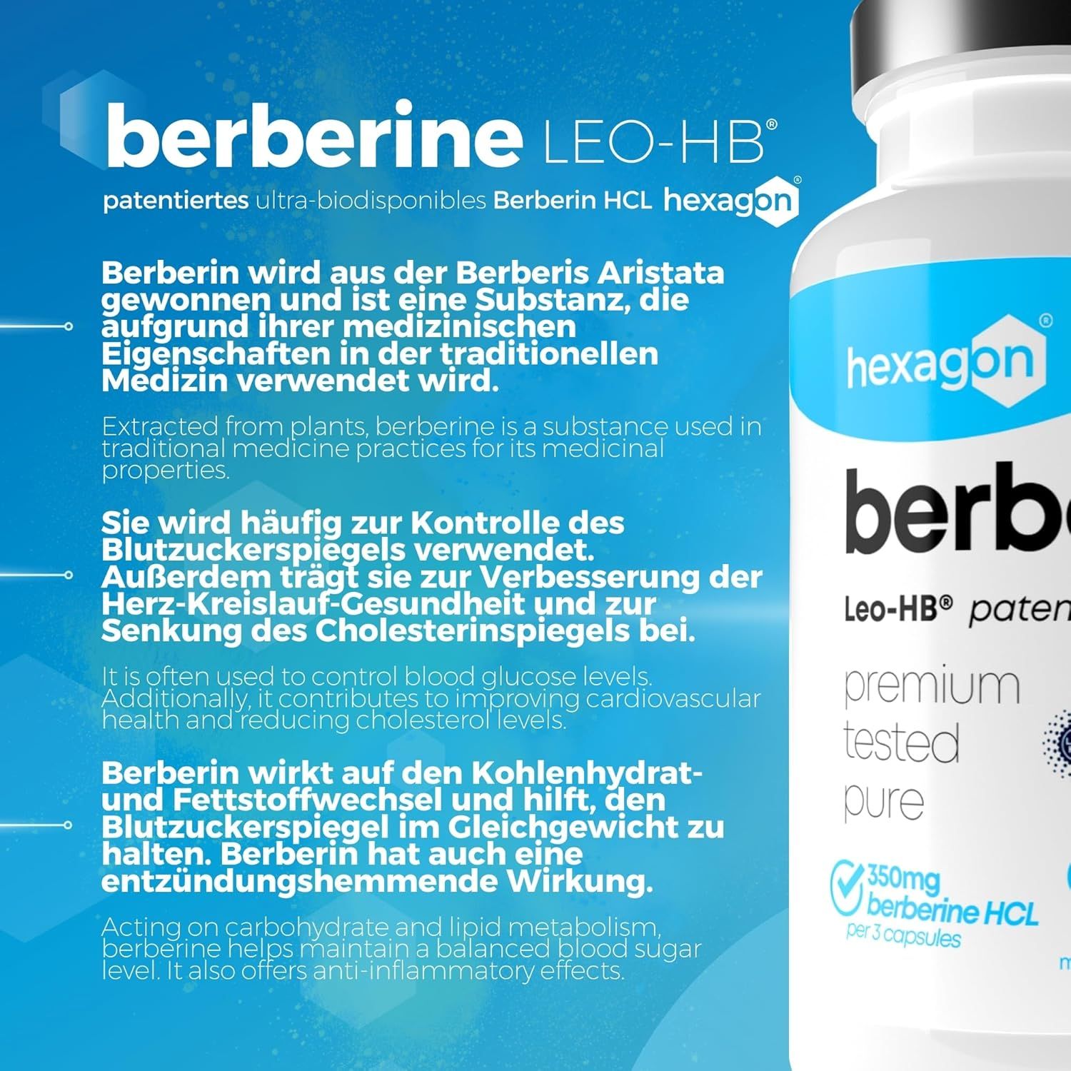 Hexagon Berberin Kapsel: Flasche mit 90 Kapseln, 350mg Berberin HCL pro 3 Kapseln.