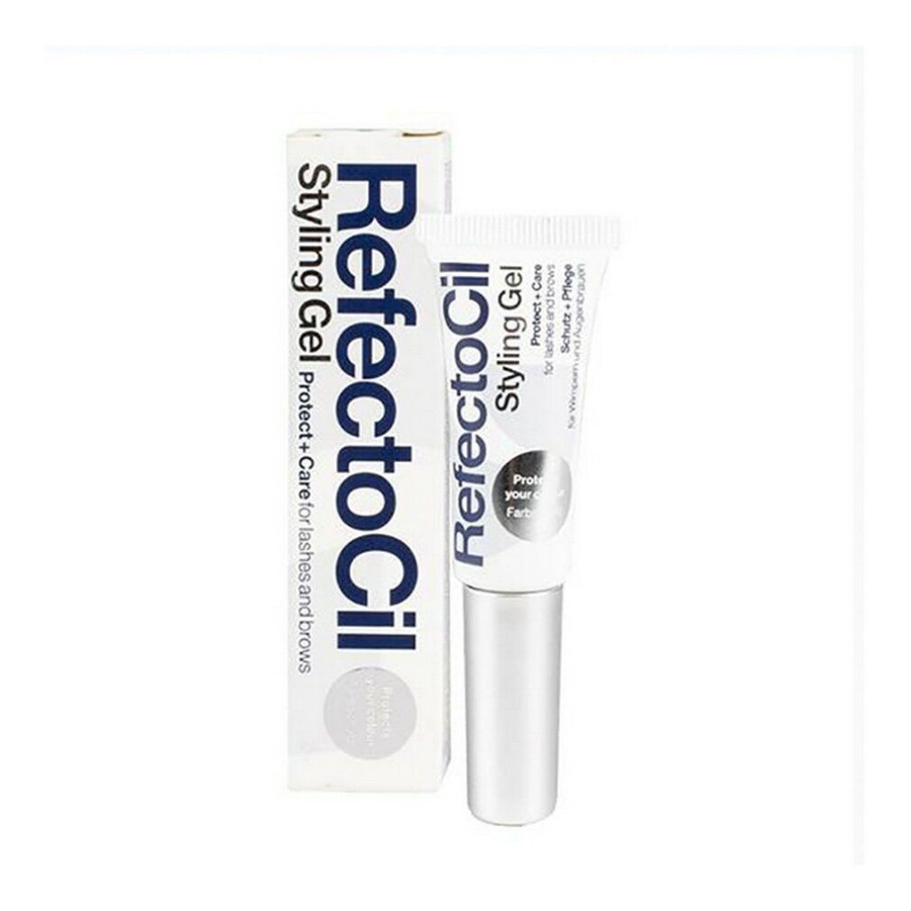 RefectoCil Styling Gel Tube und Schachtel. Tube und Schachtel mit silbernen Akzenten. Beschriftung: Styling Gel, Protect + Care.