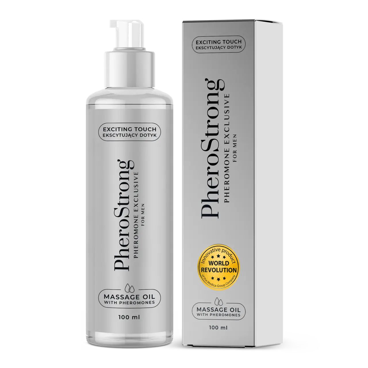 Massageöl-Flasche und -Verpackung. Silberne Flasche mit Pumpe, weißer Karton. Text: PheroStrong, Massage Oil, 100 ml.