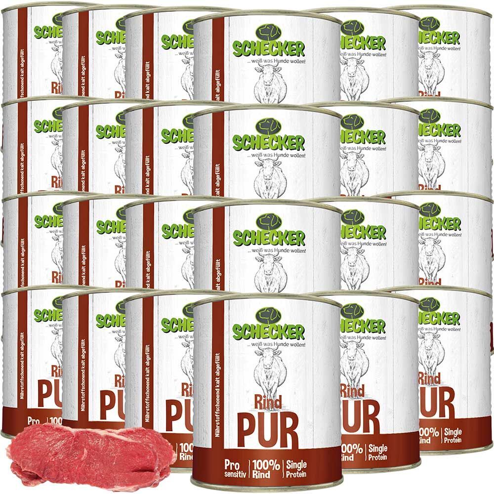 Dosenfutter Schecker Nassfutter, 100% Rind PUR. Mehrere Dosen gestapelt, mit Rindfleisch daneben. Aufschrift: Rind PUR, 100% Rind, Single Protein.