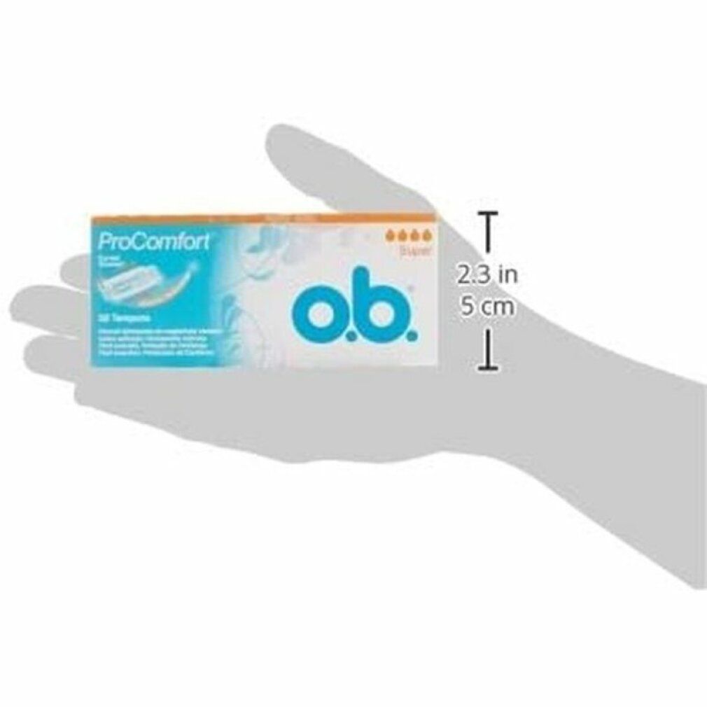 Packung o.b. ProComfort Super in Hand gehalten. Abmessungen: 2,3 x 5 cm. Produkt- und Größenangaben sichtbar.