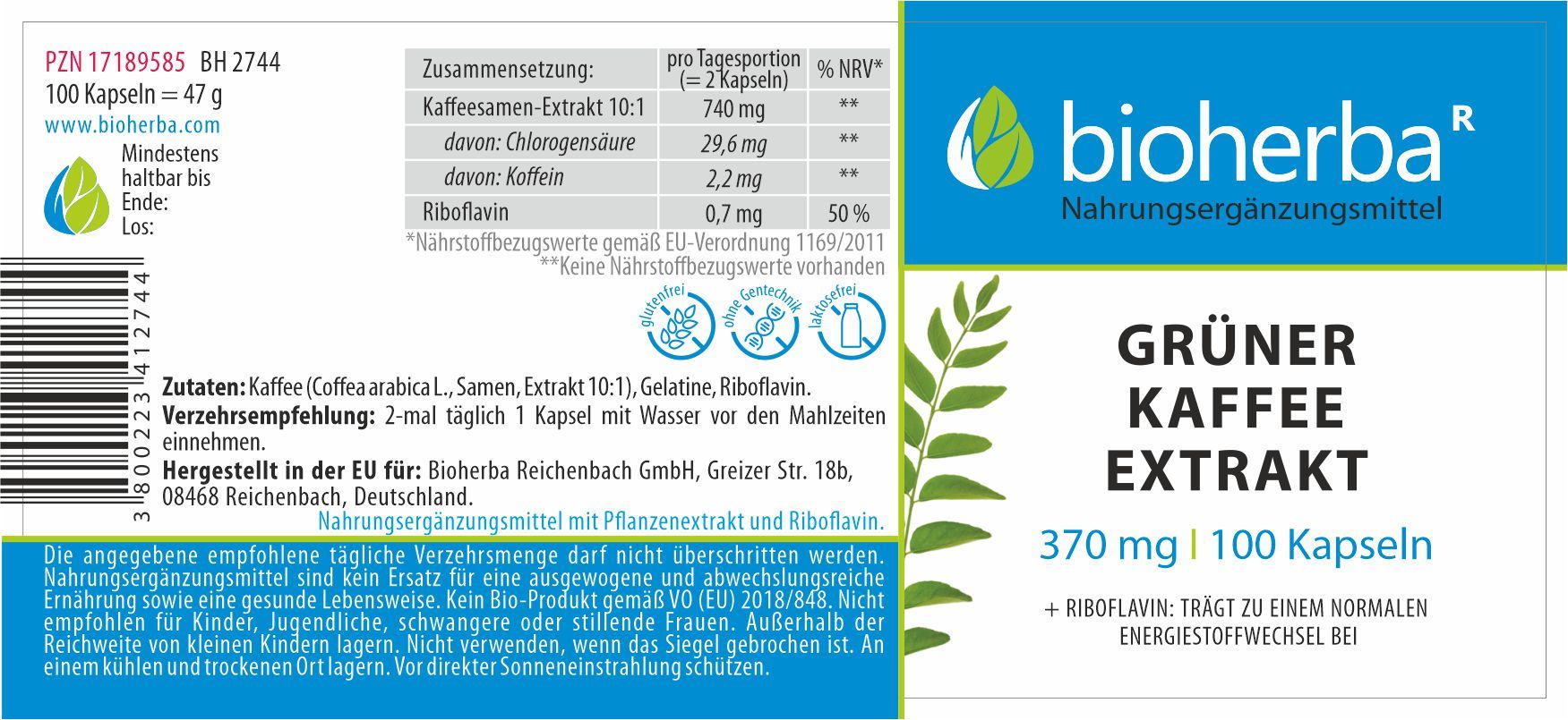 Etikett mit Produktinformationen. Grüner Kaffee Extrakt, 370 mg, 100 Kapseln. Bioherba Logo. Inhaltsstoffe und Nährwertangaben.