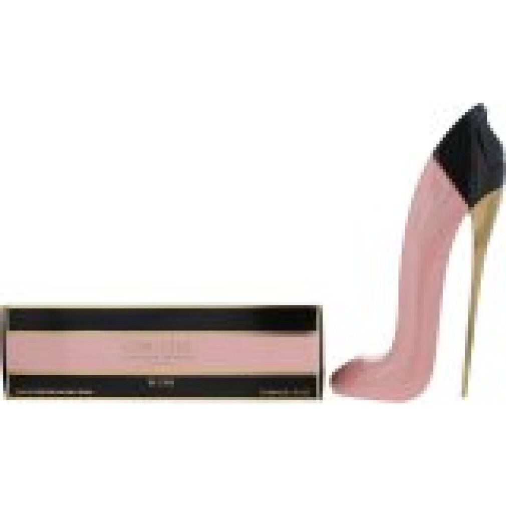 Parfümflakon in Form eines rosa Stöckelschuhs mit goldenem Absatz und schwarzem Schaft, daneben eine rechteckige rosa und schwarze Verpackung.