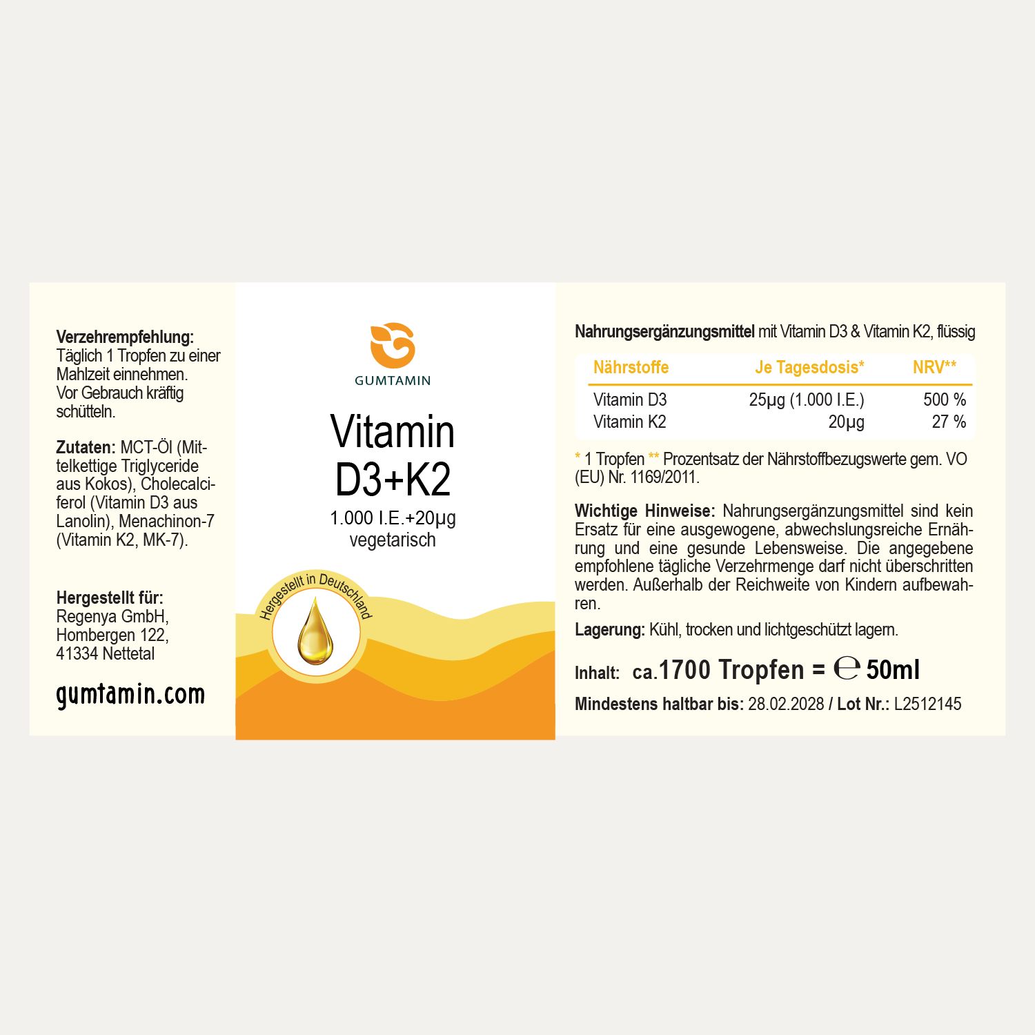 Etikett mit Produktinformationen. Aufschrift: Gumtamin Vitamin D3+K2, 1.000 I.E. vegetarisch. Inhaltsstoffe, Nährwertangaben, Hinweise und Mindesthaltbarkeit.